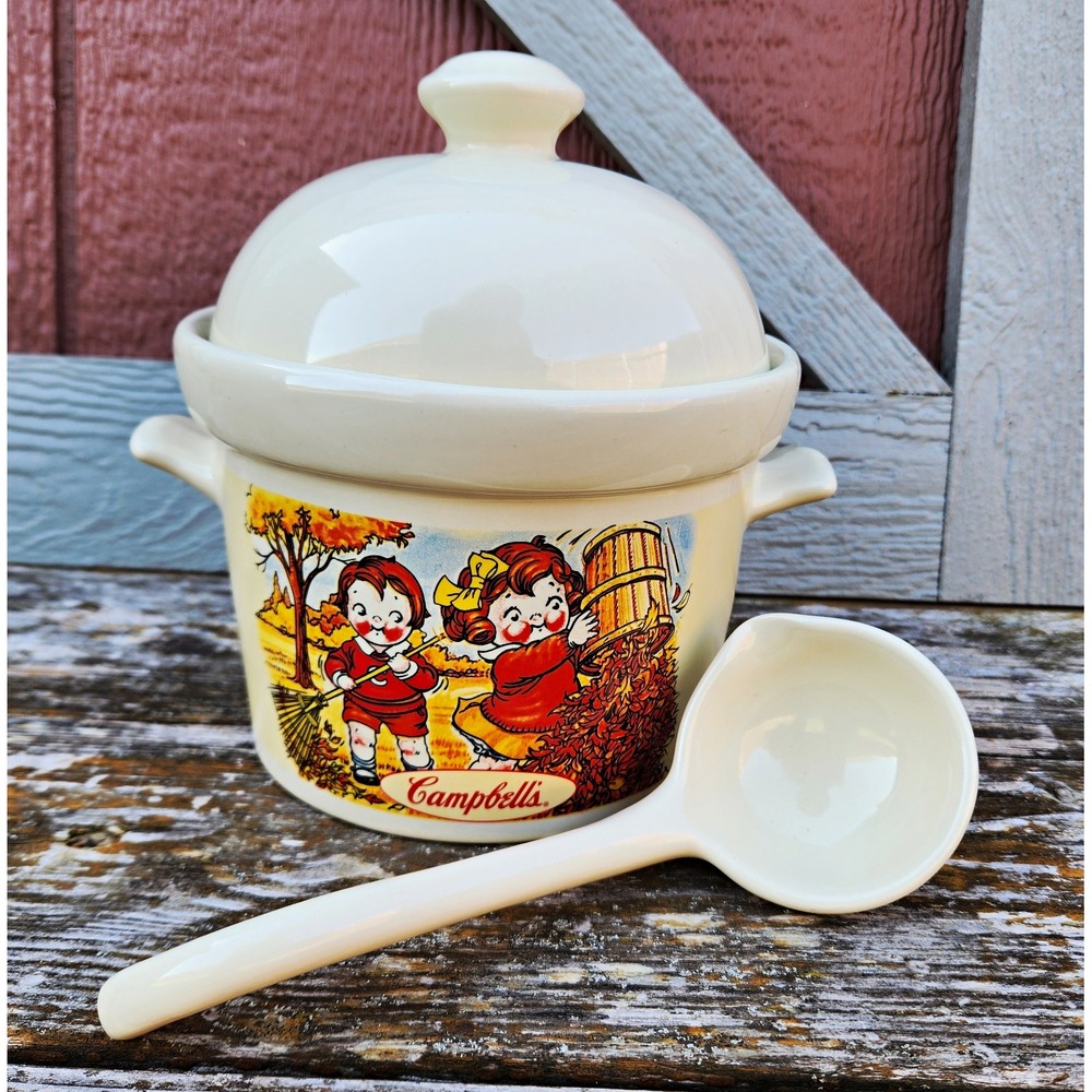 VTG 1998 Campbells Soup Kids Crock Tureen Lid Ladle Houston Fall Harvest Ceramic